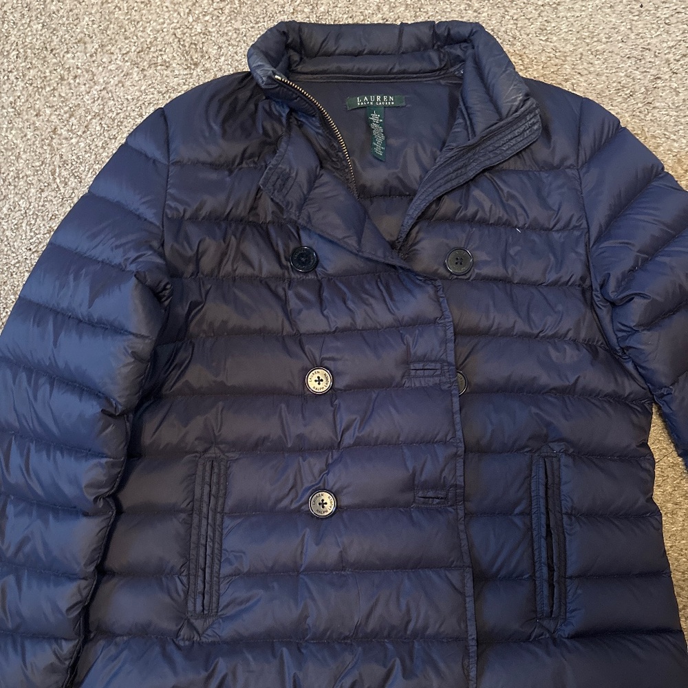 Ralph Lauren navy puffer coat with buttons and zipper